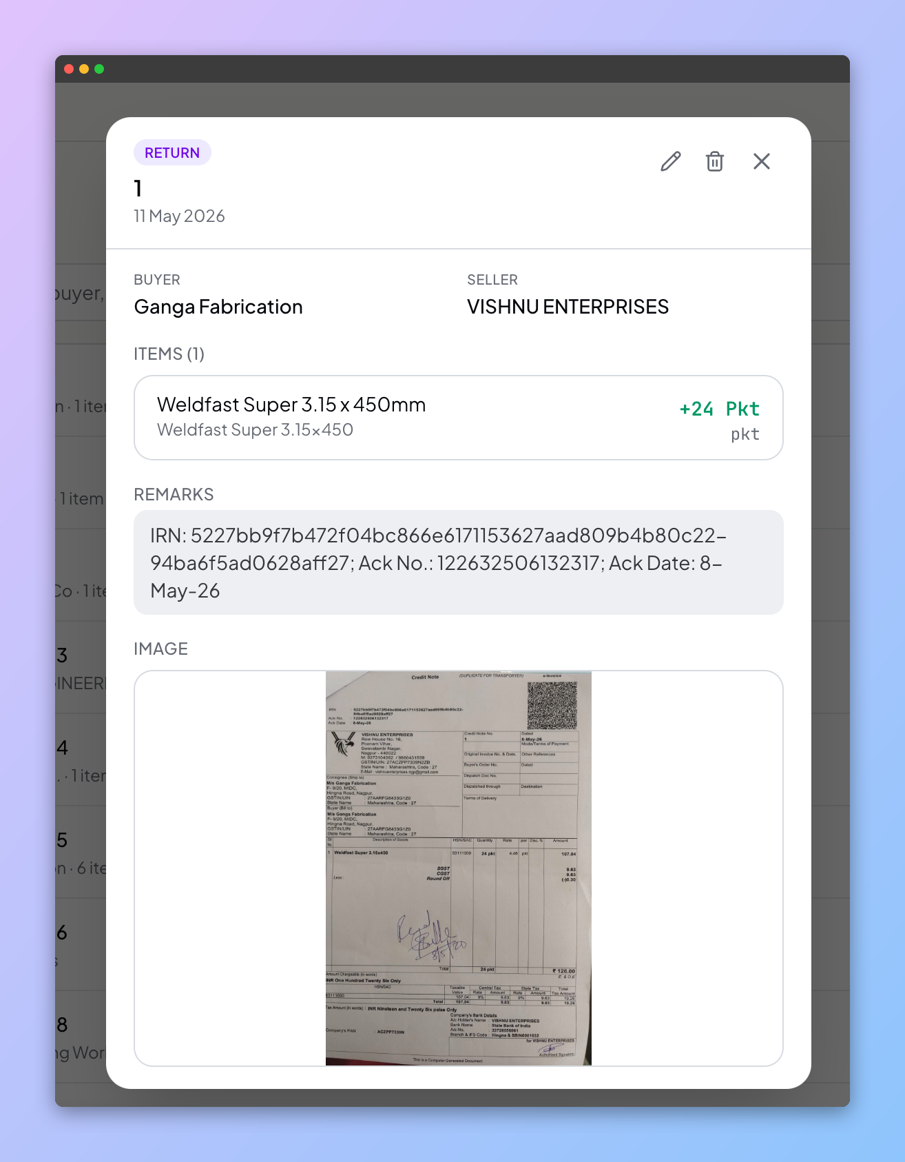 A challan detail view with the source image and extracted fields