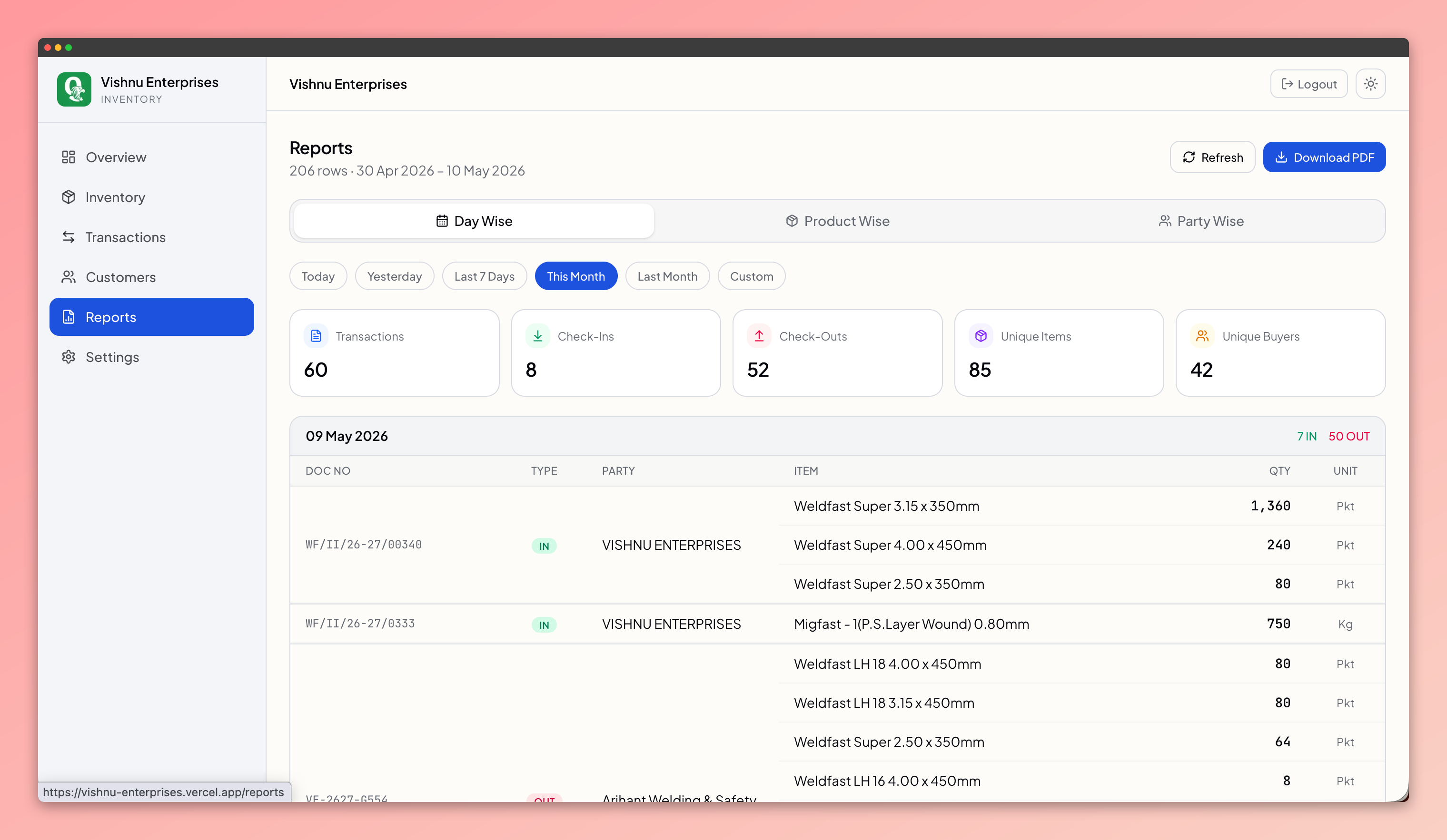 Inventory reports for day-wise, product-wise, and party-wise movement